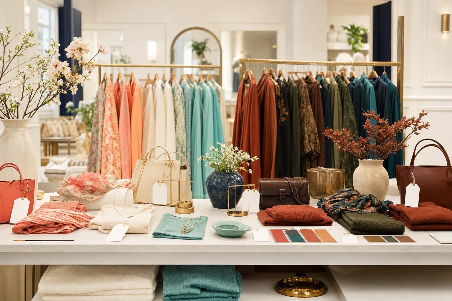 A boutique display grouped by season: warm spring pieces on one side and deep autumn pieces on the other