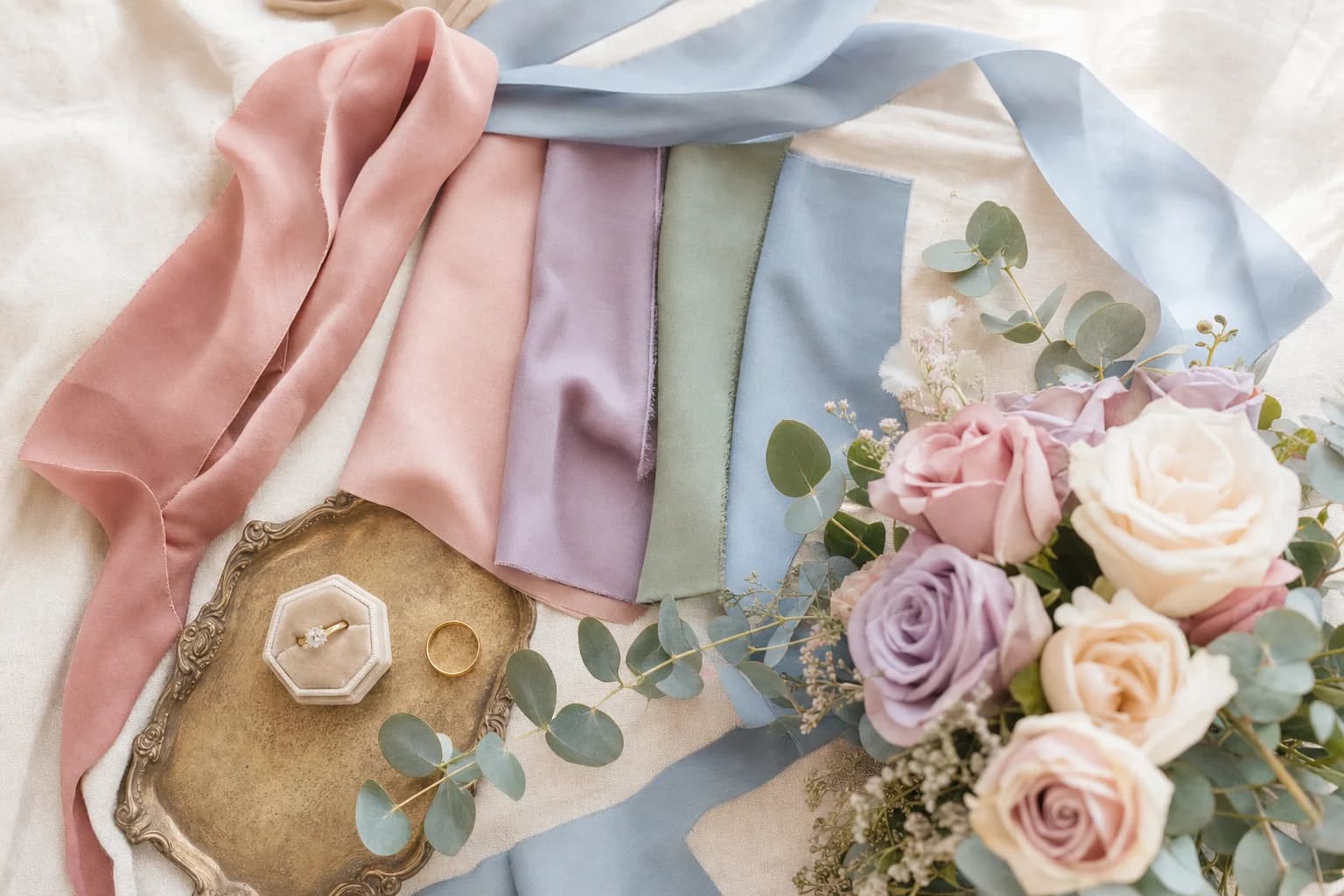 Bridesmaid fabric swatches in dusty rose, lavender, sage and soft blue with a matching bouquet and gold rings