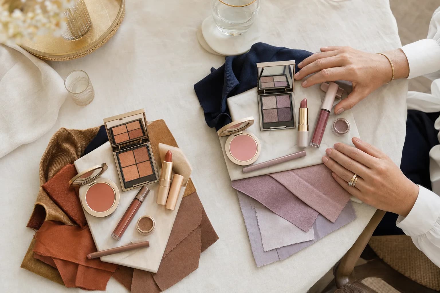 Two makeup kits arranged by season: warm autumn and cool summer shades with matching swatches