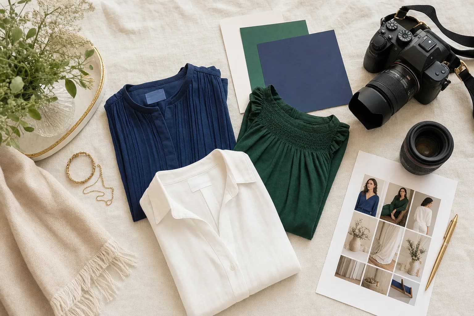 A pre-shoot plan with three tops in sapphire, emerald and white, backdrop swatches and a camera
