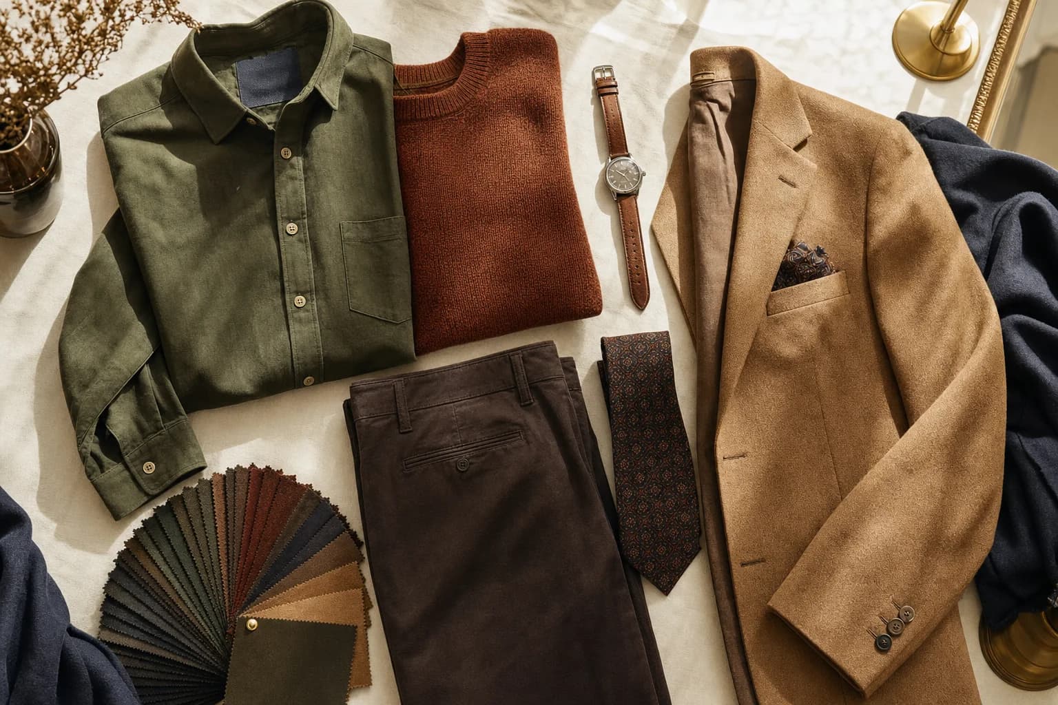 A man’s capsule wardrobe in olive, rust, chocolate and camel with a leather watch and a patterned tie