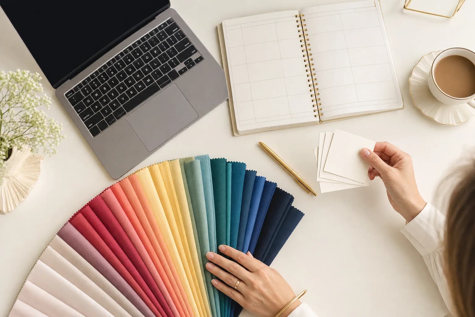A new business desk with a laptop, planner, color drapes, blank business cards and coffee