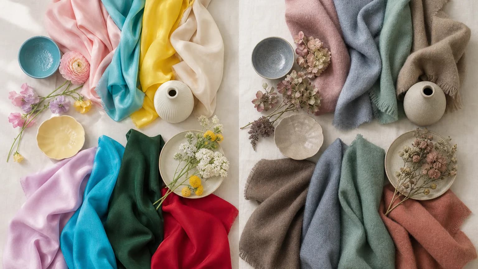 Chroma, bright vs. soft: bright, clear, saturated silk fabrics (left) beside soft, muted, heathered wool fabrics (right)
