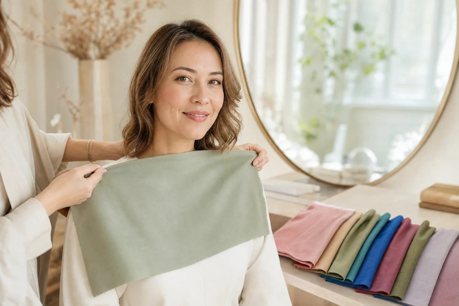A color analyst holds a soft sage drape under a smiling client's chin, with folded drapes in many season colors on the table beside her