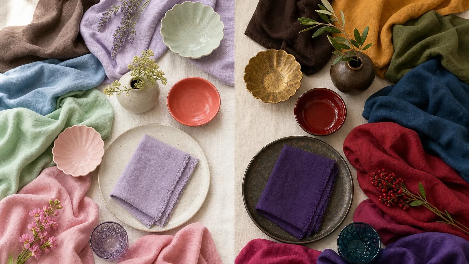 Value, light vs. deep: light, airy fabrics (left) beside deep, rich fabrics (right)