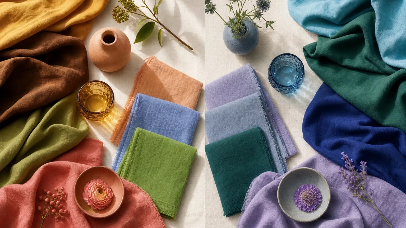 Undertone, warm vs. cool: warm, golden fabrics (left) beside cool, blue-based fabrics (right)
