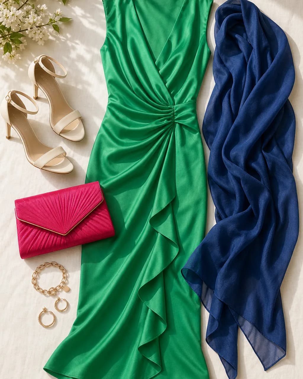 Bright Spring evening outfit: dress in Emerald #38A868, wrap in Navy #2C4890, heels in Vanilla #F0E0C8, clutch in Fuchsia #C83058