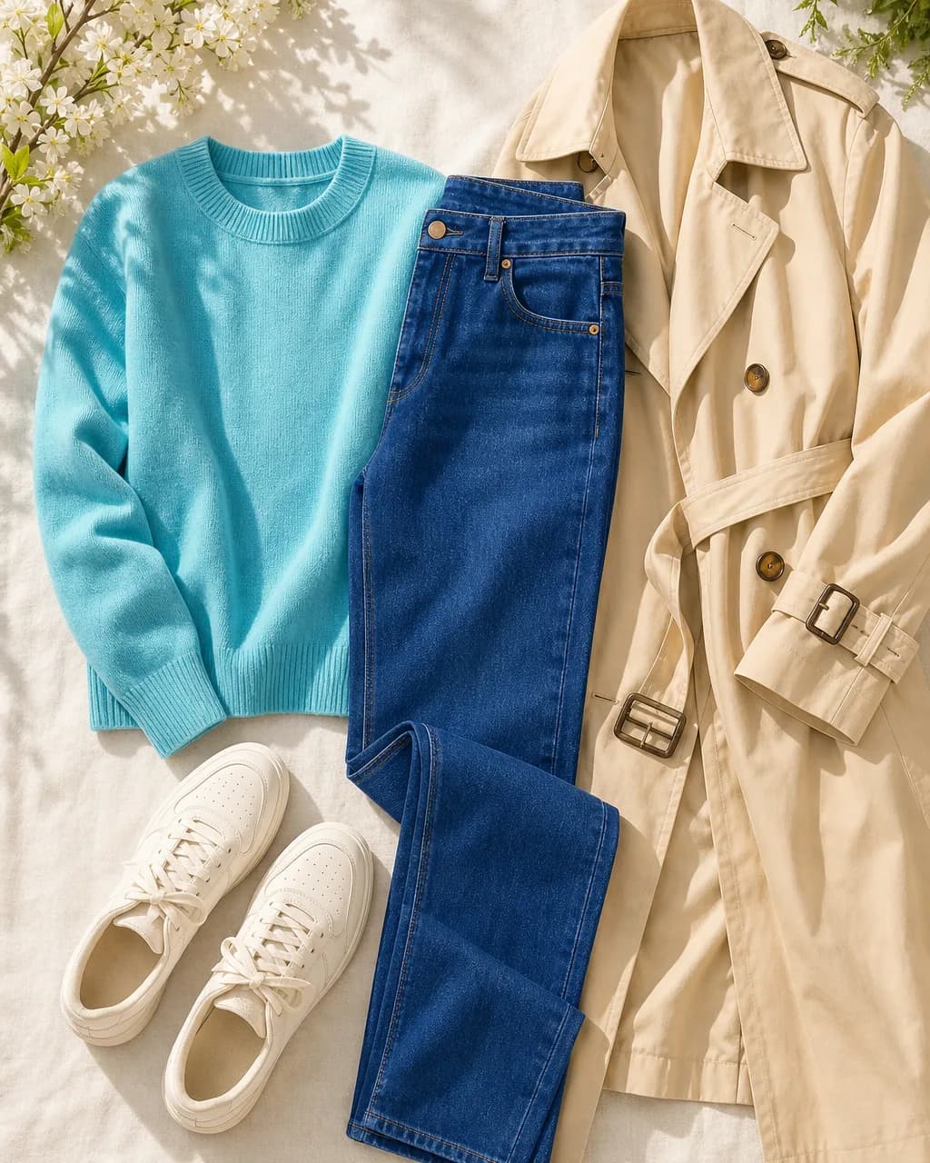 Bright Spring everyday outfit: knit sweater in Turquoise #68C0D0, jeans (dark-wash) in Cobalt #455FAA, trench coat in Vanilla #F0E0C8, sneakers in Cream #F0F0E8