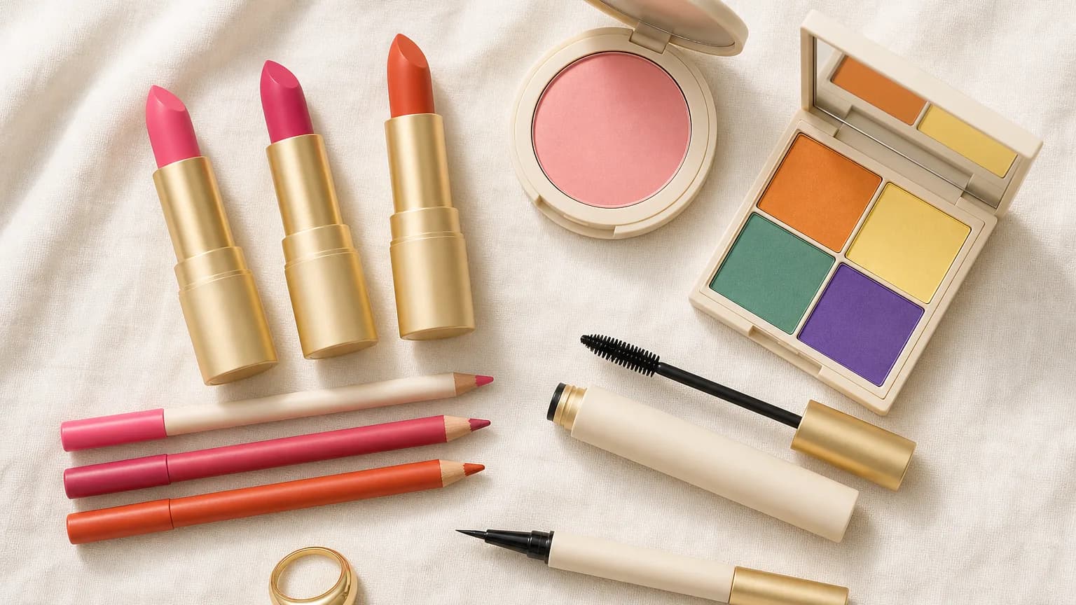 Bright Spring makeup: lips in Hot Pink #F87898, Magenta #D84870, Red Orange #C86028; eyes in Apricot #D88830, Light Yellow #F5E878, Jade #38A078