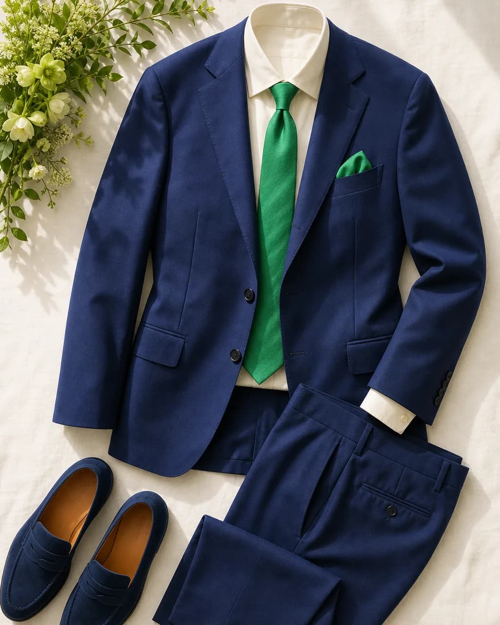 Bright Spring men's outfit: suit in Navy #2C4890, shirt in Cream #F0F0E8, tie in Emerald #38A868, suede shoes in Navy #2C4890