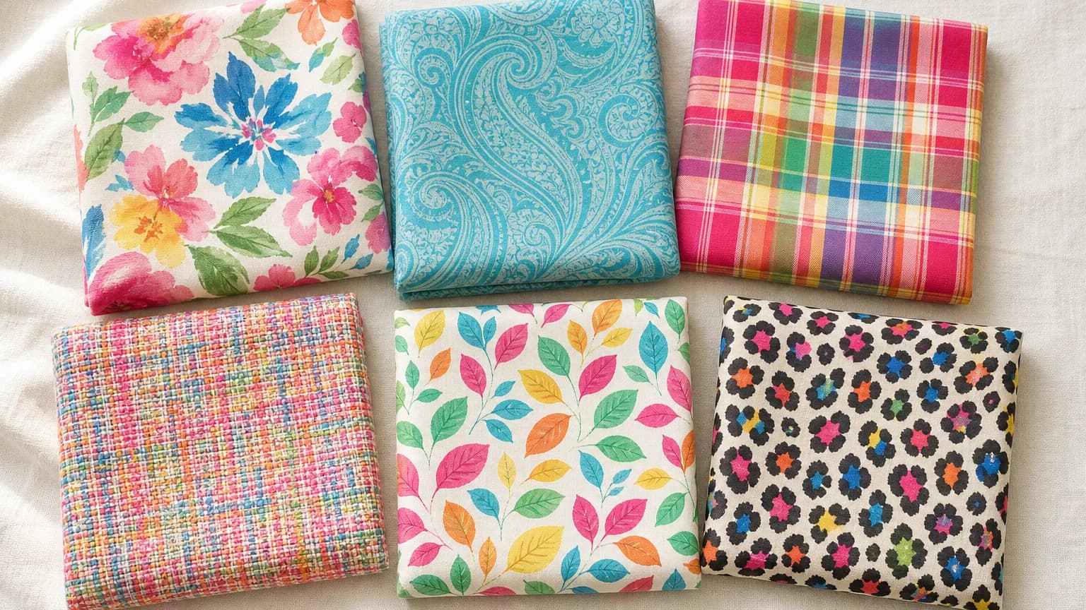 Bright Spring prints: watercolor floral, tonal paisley, plaid, tweed and leaf print in Hot Pink #F87898, Turquoise #68C0D0, Bright Yellow #F8E05C, Spring Green #50C888