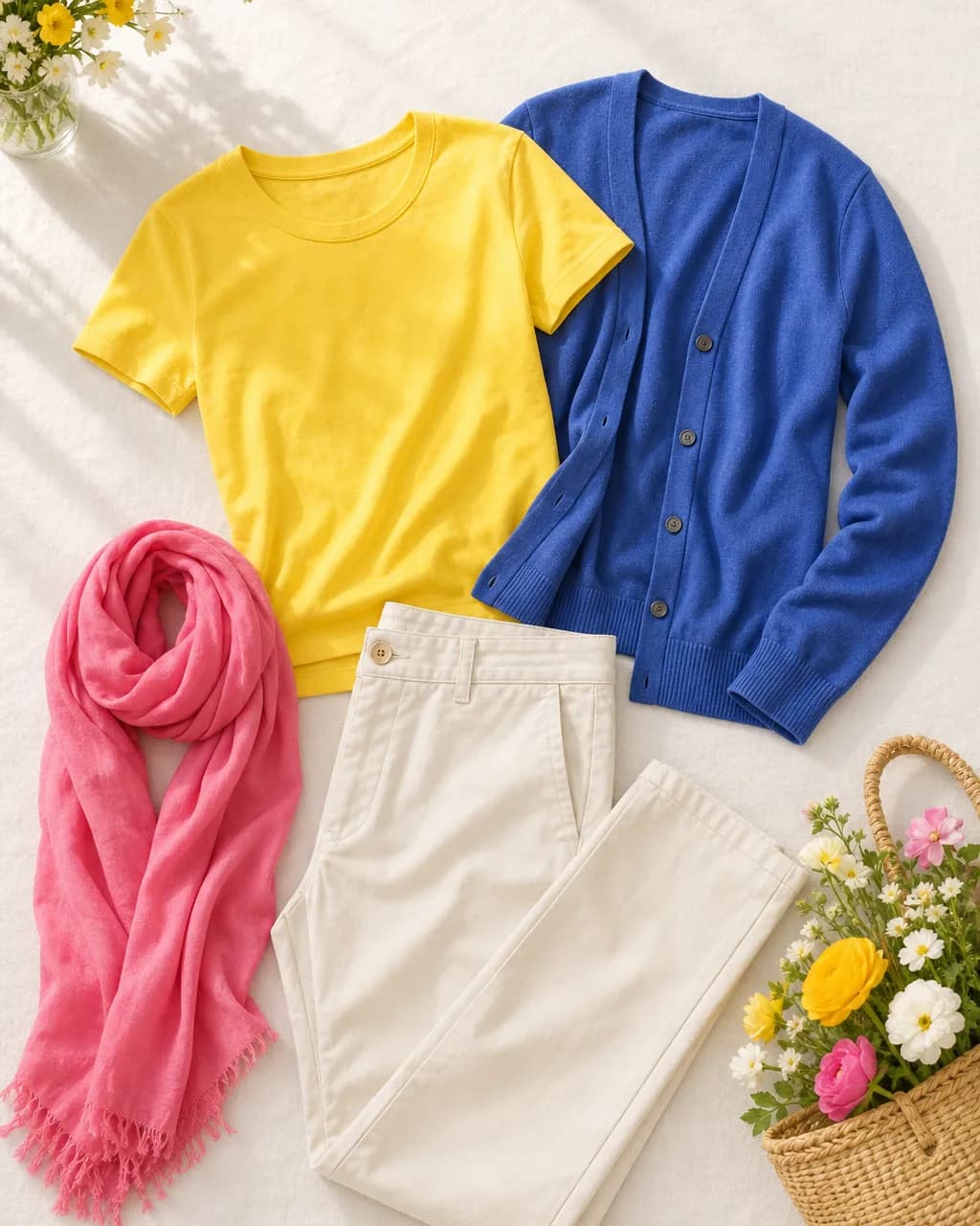 Bright Spring weekend outfit: t-shirt in Bright Yellow #F8E05C, cardigan in Cobalt #455FAA, chinos in Cream #F0F0E8, scarf in Hot Pink #F87898