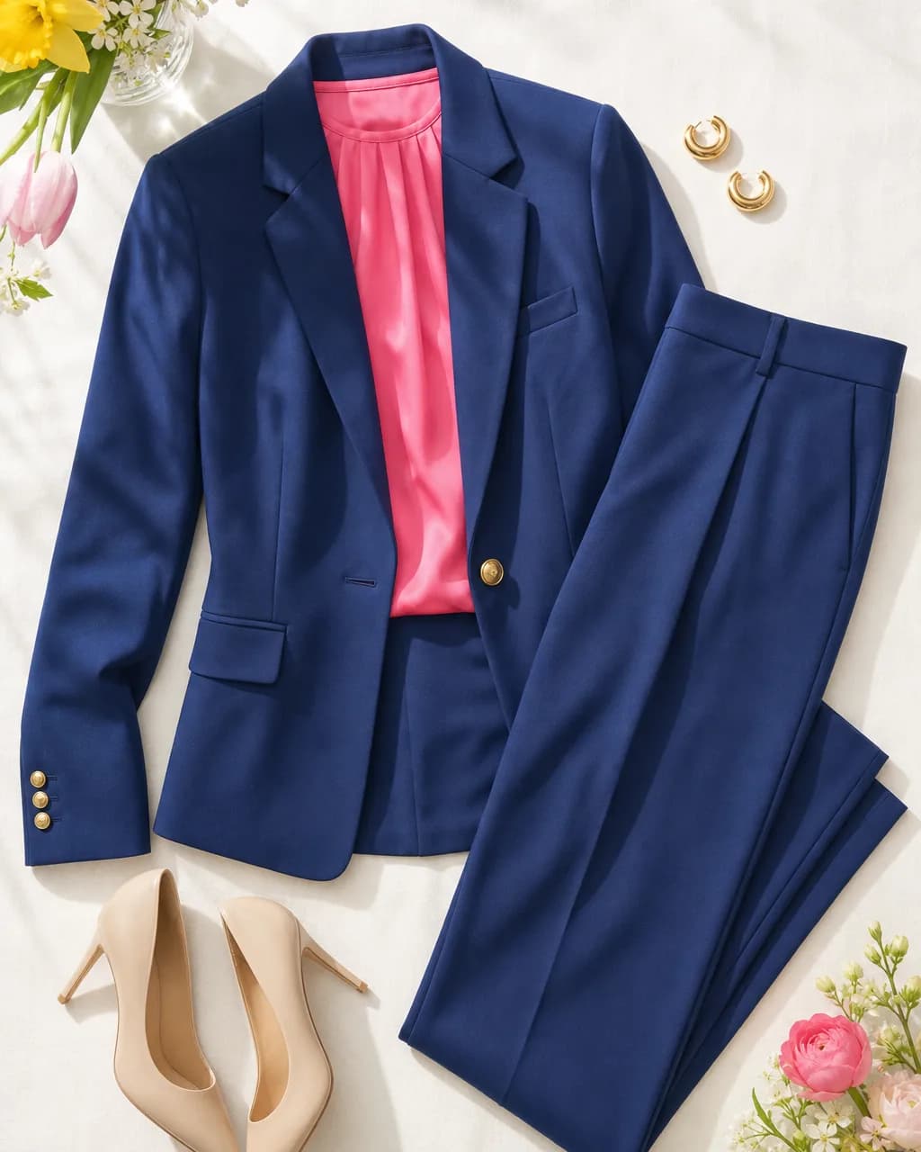 Bright Spring work outfit: blazer in Navy #2C4890, blouse in Hot Pink #F87898, trousers in Navy #2C4890, pumps in Vanilla #F0E0C8