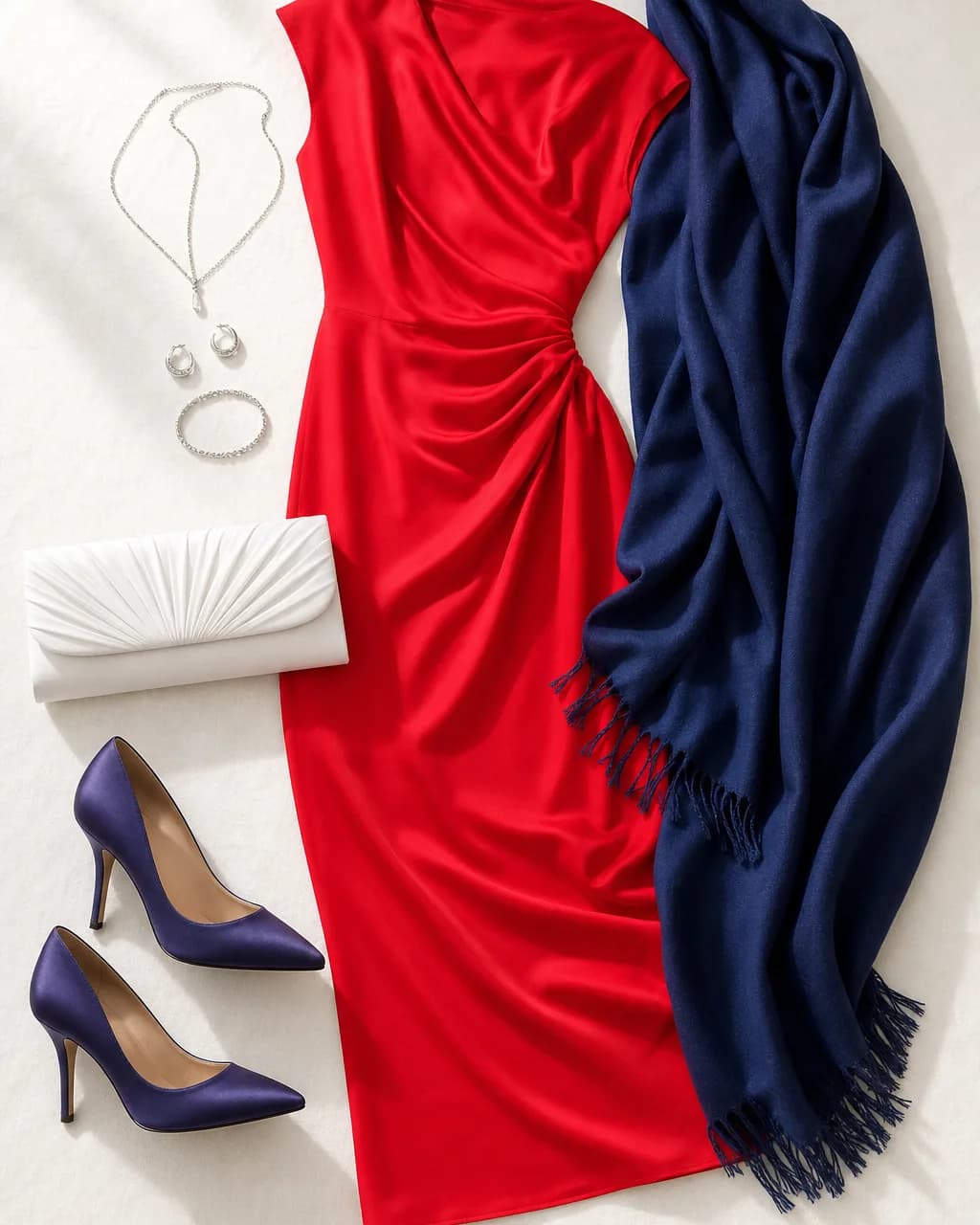 Bright Winter evening outfit: dress in True Red #E83838, wrap in Deep Navy #1C3880, heels in Navy Purple #2C3870, clutch in Icy White #F8F4F8