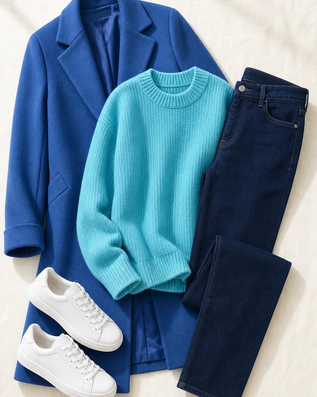 Bright Winter everyday outfit: knit sweater in Turquoise #50C0D8, jeans (dark indigo) in Deep Navy #1C3880, coat in Royal Blue #3860B8, sneakers in Icy White #F8F4F8