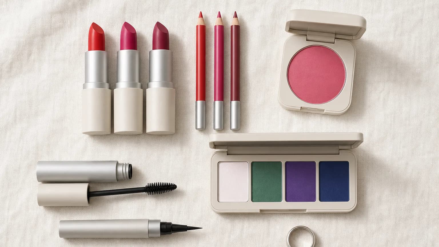 Bright Winter makeup: lips in True Red #E83838, Fuchsia #C83888, Deep Magenta #A83870; eyes in Icy White #F8F4F8, Emerald #38A868, Royal Purple #5838A0