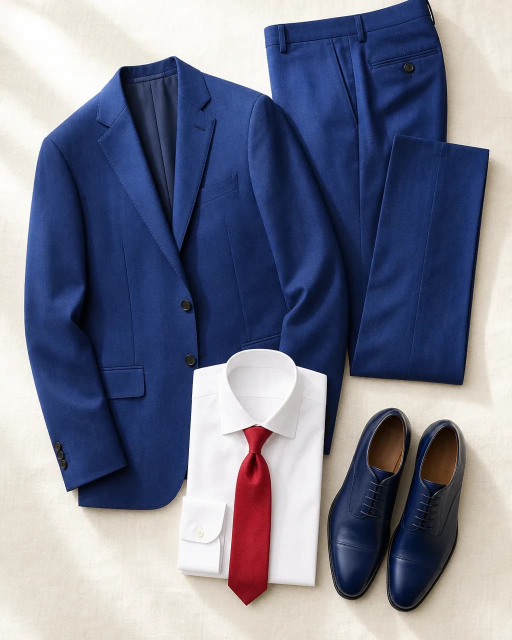 Bright Winter men's outfit: suit in Navy Blue #2C4898, shirt in Icy White #F8F4F8, tie in Deep Red #C82838, shoes in Deep Navy #1C3880