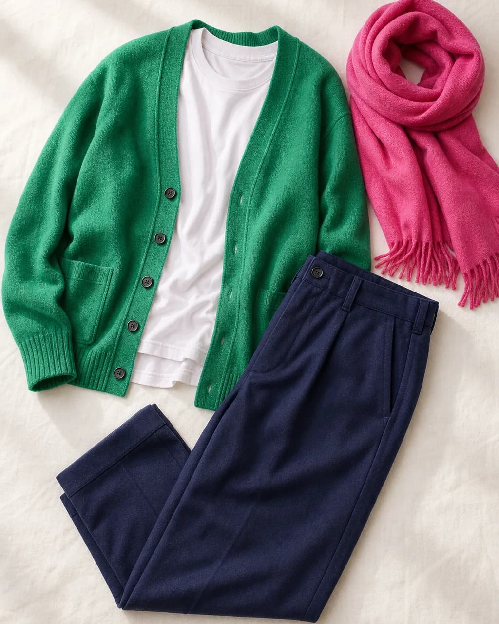 Bright Winter weekend outfit: t-shirt in Icy White #F8F4F8, cardigan in Emerald #38A868, trousers in Navy Purple #2C3870, scarf in Hot Pink #D84888