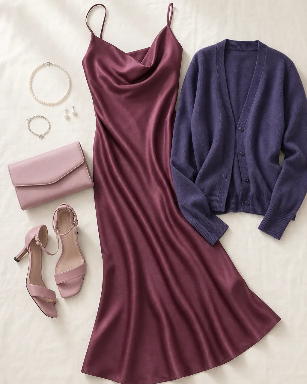 Cool Summer evening outfit: slip dress in Wine #7A3454, fine-knit cardigan in Navy Purple #4F4672, heels in Mauve #C89DB4, clutch in Mauve #C89DB4