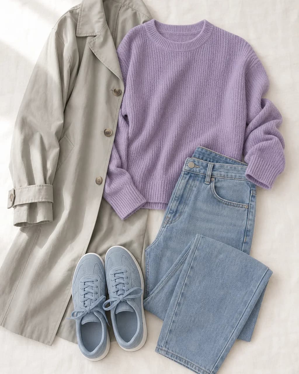 Cool Summer everyday outfit: knit sweater in Lavender #9D7FB8, jeans (mid-wash) in Steel Blue #7D97A8, trench coat in Soft Gray #B8B8A8, sneakers in Powder Blue #99A8B8