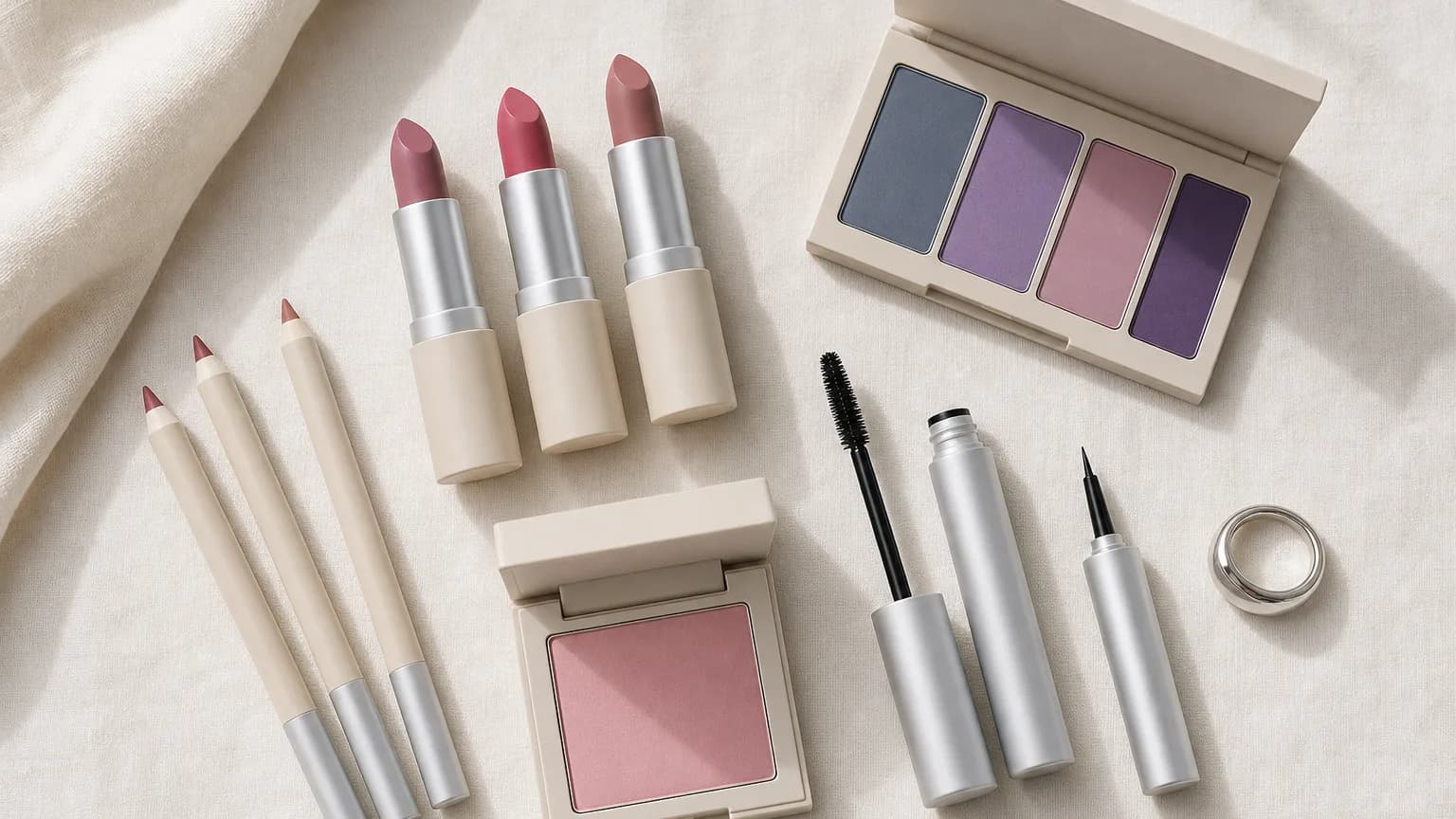 Cool Summer makeup: lips in Dusty Rose #B67A98, Raspberry #CF5378, Mauve #C89DB4; eyes in Slate #6A7A8C, Lavender #9D7FB8, Mauve #C89DB4