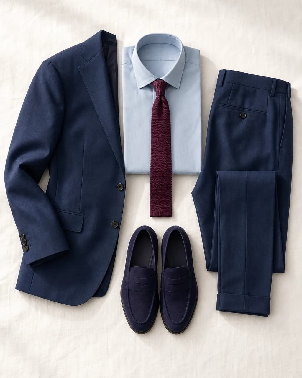 Cool Summer men's outfit: suit in Navy #28406C, shirt in Powder Blue #99A8B8, knit tie in Wine #7A3454, shoes in Midnight #34315C