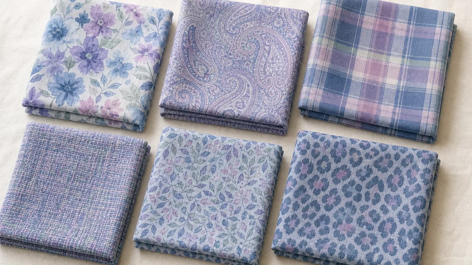 Cool Summer prints: watercolor floral, tonal paisley, plaid, tweed and leaf print in Sky Blue #9BB8D8, Mauve #C89DB4, Lavender #9D7FB8, Sage #8AA9A0