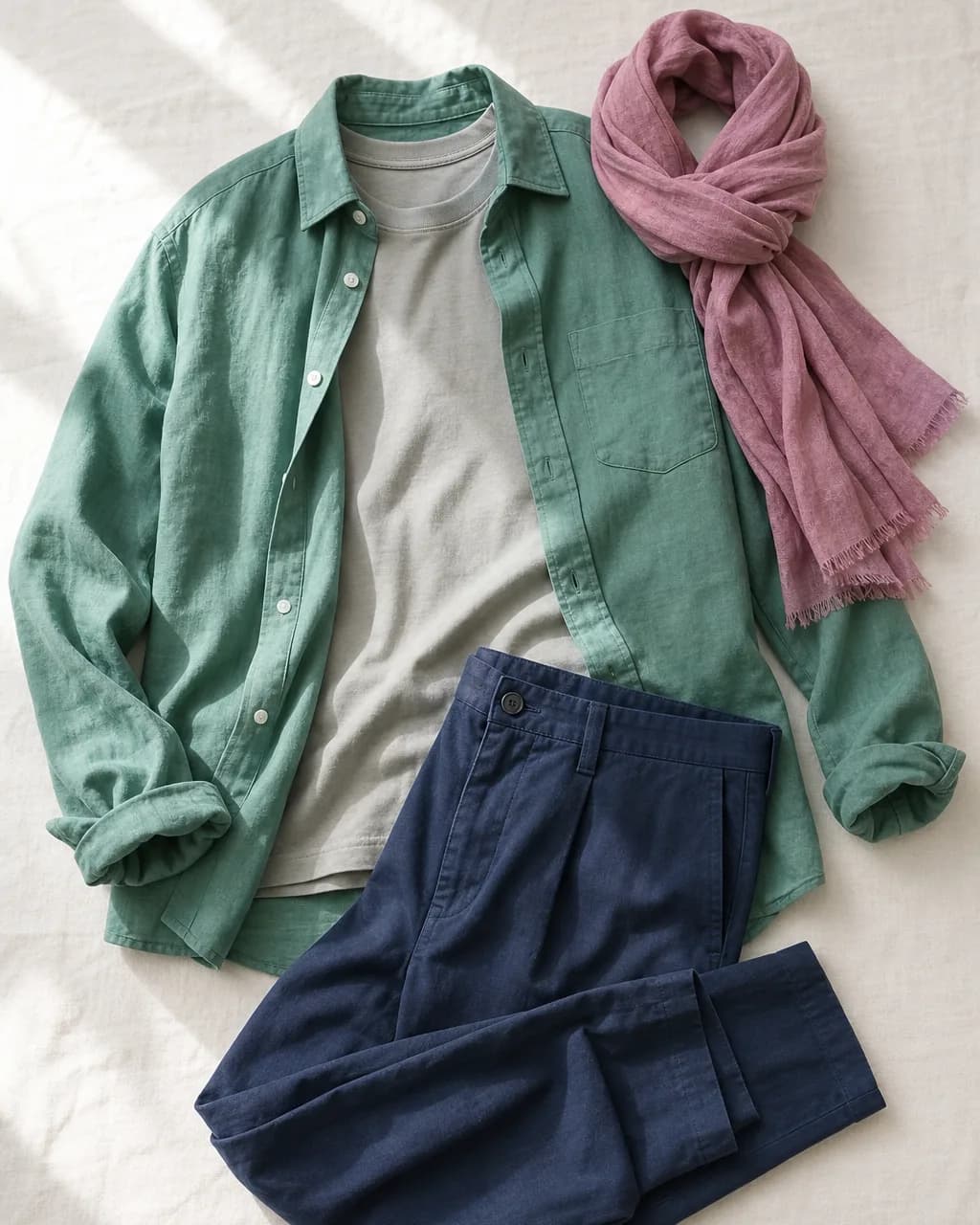 Cool Summer weekend outfit: overshirt in Sea Green #5D9C7F, t-shirt in Soft Gray #B8B8A8, trousers in Navy #28406C, scarf in Dusty Rose #B67A98