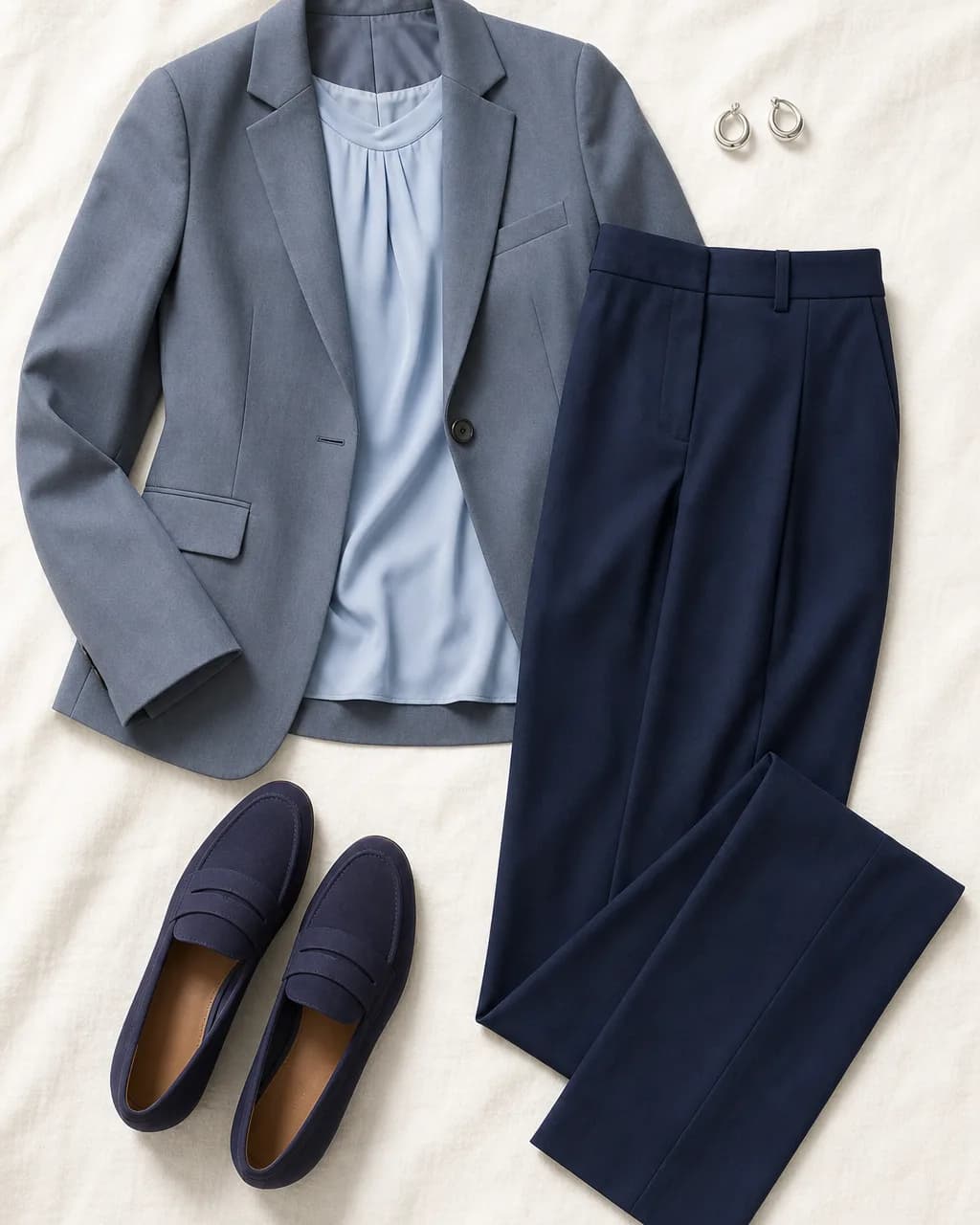 Cool Summer work outfit: blazer in Slate #6A7A8C, blouse in Powder Blue #99A8B8, trousers in Navy #28406C, loafers in Midnight #34315C