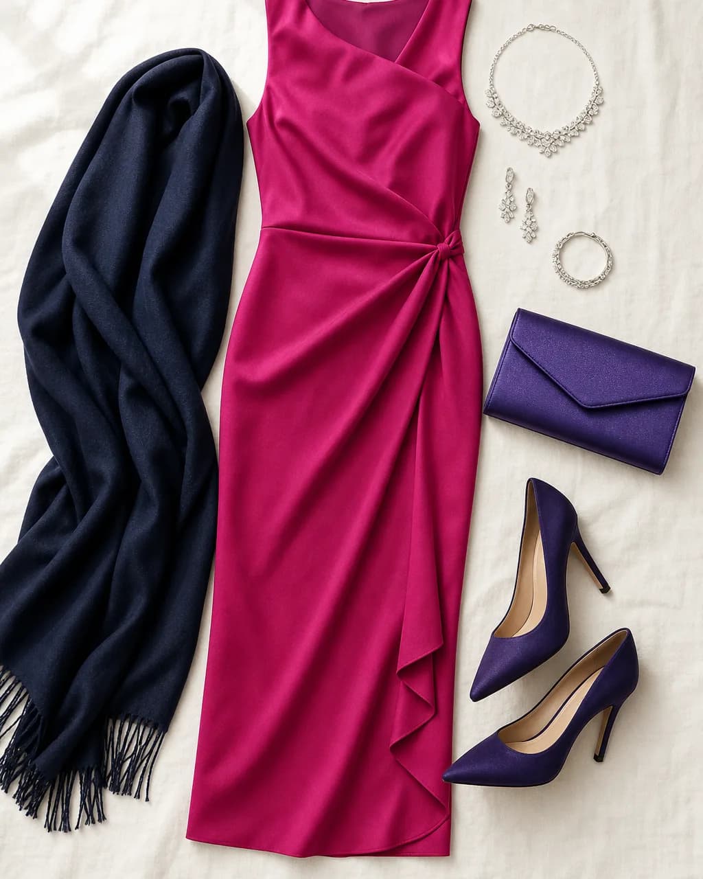 Cool Winter evening outfit: dress in Magenta #C8286F, wrap in Deep Navy #101840, heels in Navy Purple #302868, clutch in Royal Purple #504890
