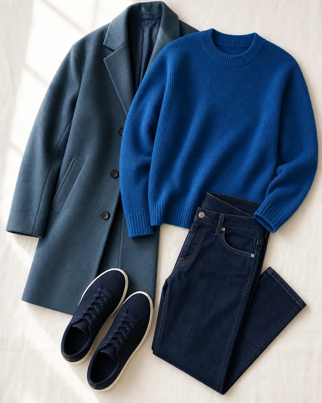 Cool Winter everyday outfit: knit sweater in Royal Blue #1860A0, jeans (dark wash) in Navy #182060, coat in Slate #386070, sneakers in Deep Navy #101840