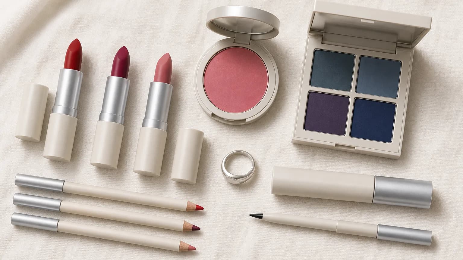 Cool Winter makeup: lips in Red #C82838, Raspberry #982060, Rose #D85878; eyes in Slate #386070, Steel Blue #507088, Deep Purple #403878