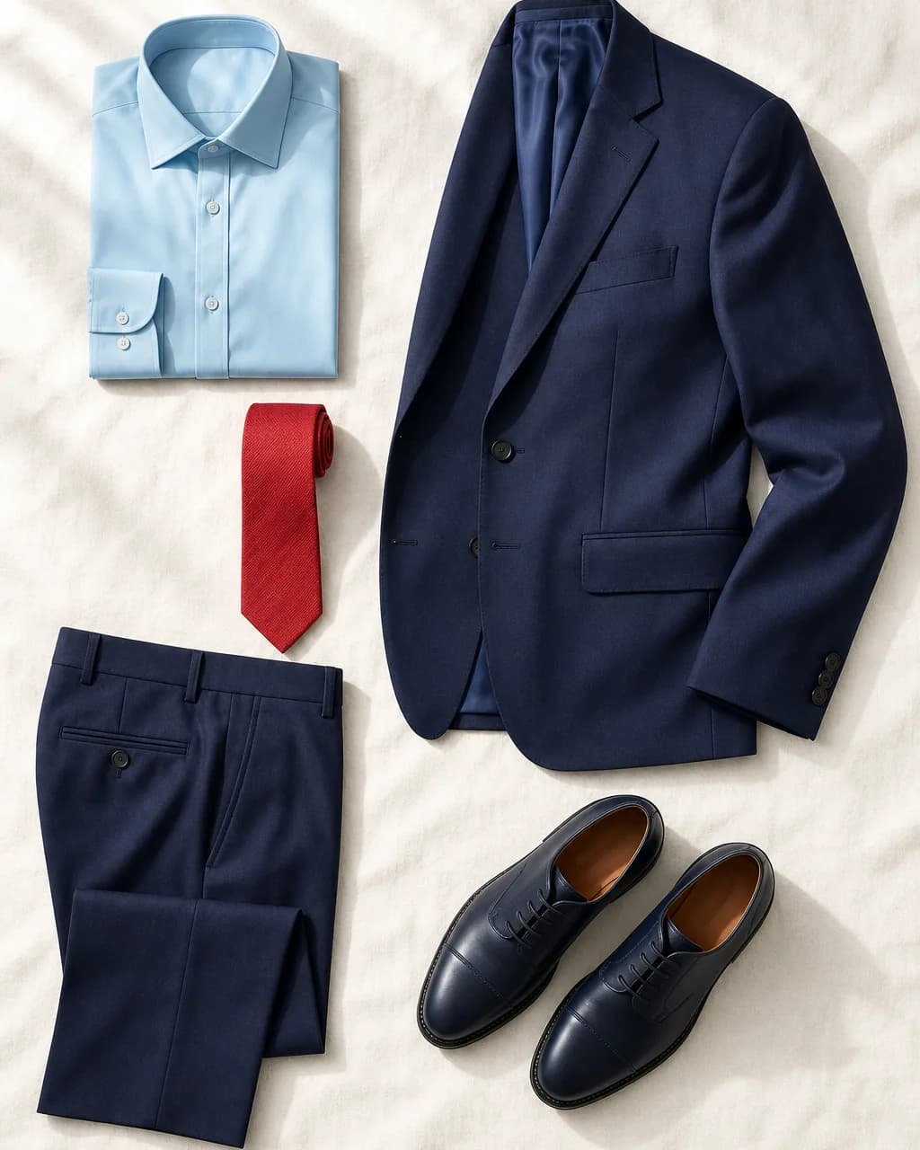 Cool Winter men's outfit: suit in Navy #182060, shirt in Sky Blue #60B8C8, tie in Red #C82838, shoes in Deep Navy #101840