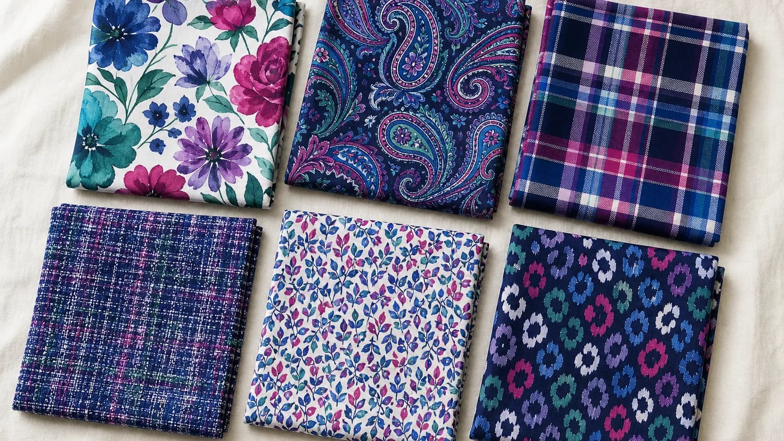 Cool Winter prints: watercolor floral, tonal paisley, plaid, tweed and leaf print in Royal Blue #1860A0, Emerald #388868, Magenta #C8286F, Deep Navy #101840