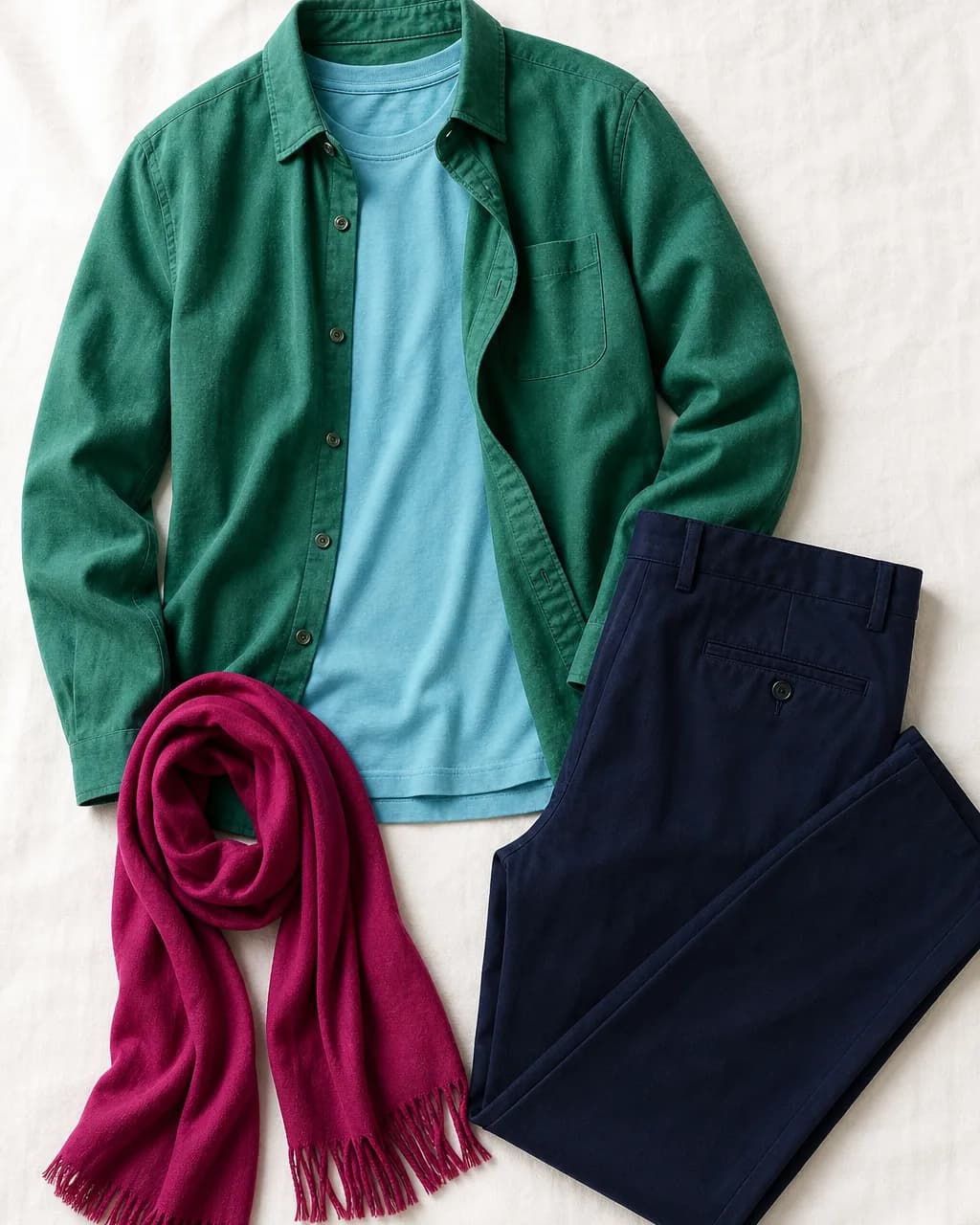 Cool Winter weekend outfit: shirt in Emerald #388868, t-shirt in Sky Blue #60B8C8, trousers in Deep Navy #101840, scarf in Raspberry #982060