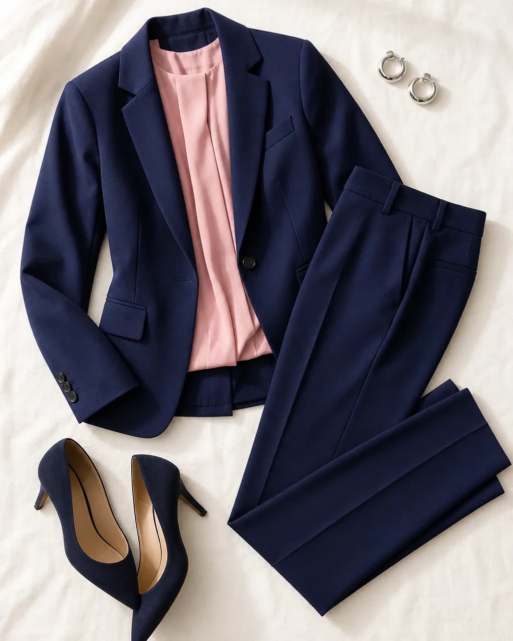 Cool Winter work outfit: blazer in Navy #182060, blouse in Soft Pink #E8A8B8, trousers in Navy #182060, pumps in Deep Navy #101840