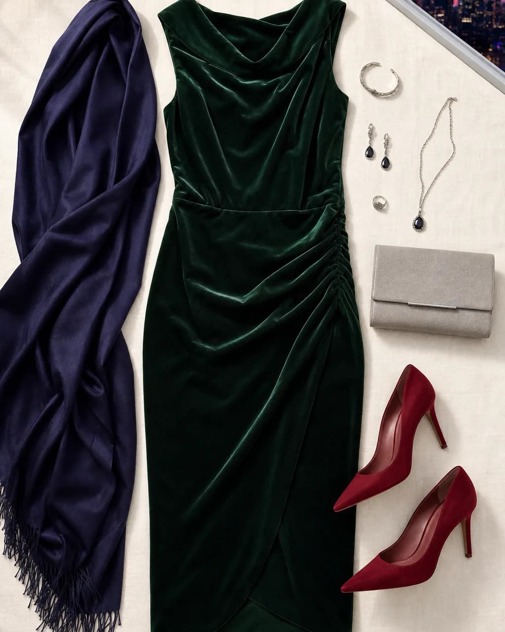 Dark Winter evening outfit: velvet dress in Hunter Green #205838, wrap in Navy Purple #283258, heels in Burgundy #A02838, clutch in Gray #C0B8B0