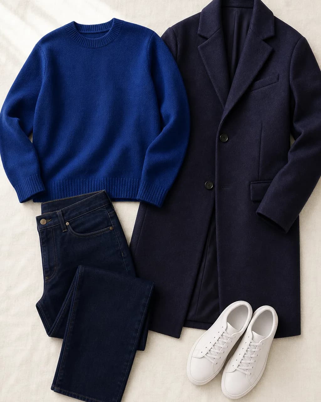 Dark Winter everyday outfit: knit sweater in Cobalt #284080, jeans (dark wash) in Navy #082058, wool coat in Navy Purple #283258, sneakers in Soft White #E8E0F0