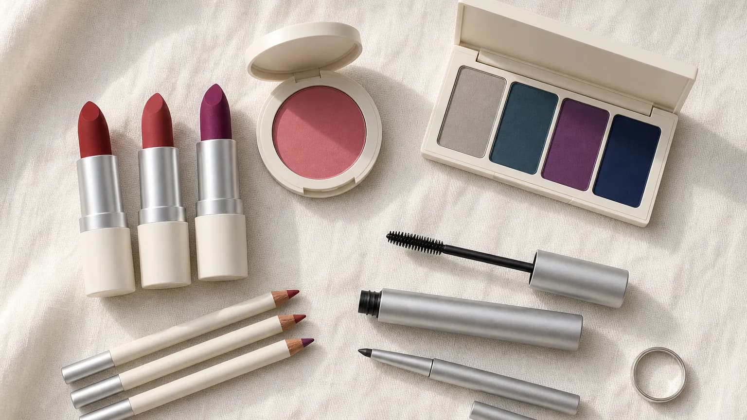 Dark Winter makeup: lips in Raspberry #A82838, Wine #C03050, Plum #782878; eyes in Gray #C0B8B0, Deep Teal #285070, Plum #782878