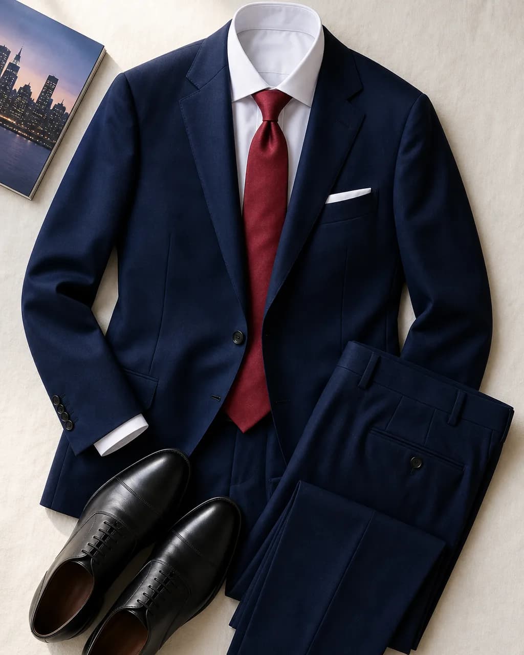 Dark Winter men's outfit: suit in Navy #082058, shirt in Soft White #E8E0F0, tie in Burgundy #A02838, shoes in Black #281818