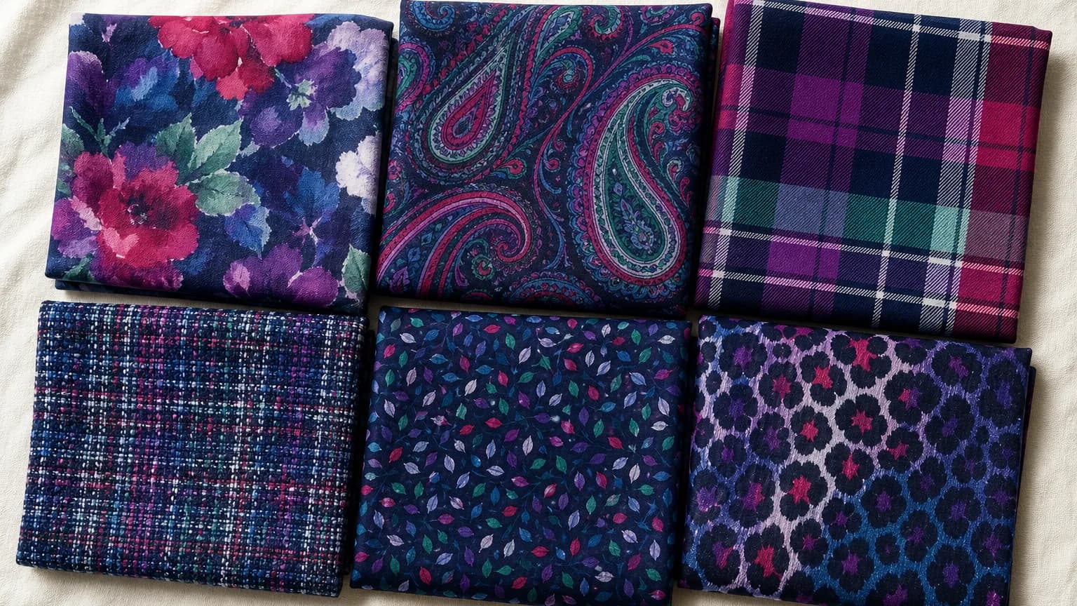 Dark Winter prints: watercolor floral, tonal paisley, plaid, tweed and leaf print in Navy #082058, Jade #509078, Wine #C03050, Plum #782878