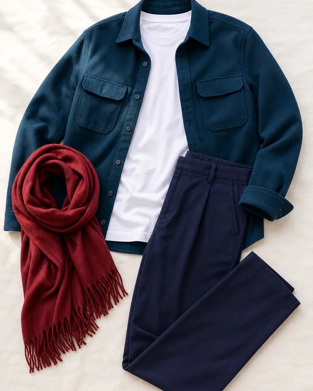 Dark Winter weekend outfit: overshirt in Deep Teal #285070, t-shirt in Soft White #E8E0F0, trousers in Navy Purple #283258, scarf in Raspberry #A82838