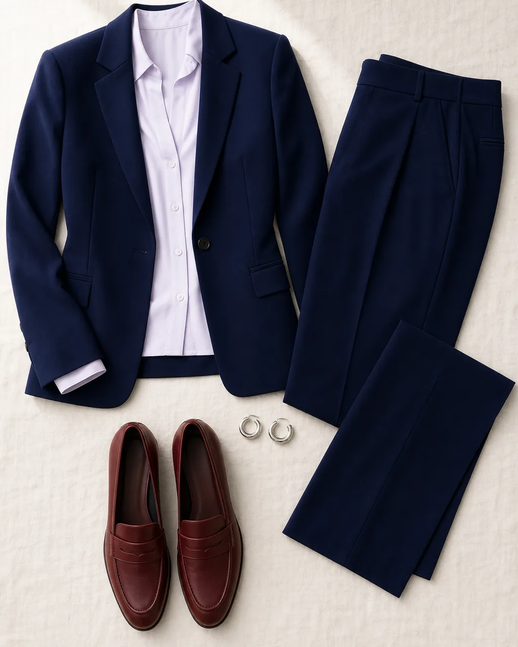 Dark Winter work outfit: blazer in Navy #082058, blouse in Soft White #E8E0F0, trousers in Navy #082058, loafers in Burgundy #A02838