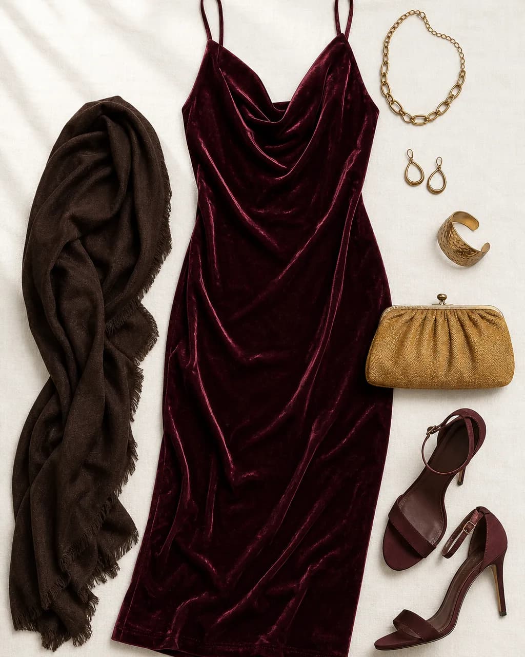 Deep Autumn evening outfit: velvet dress in Wine #682040, wrap in Dark Brown #302018, heels in Maroon #502828, clutch in Goldenrod #B89858