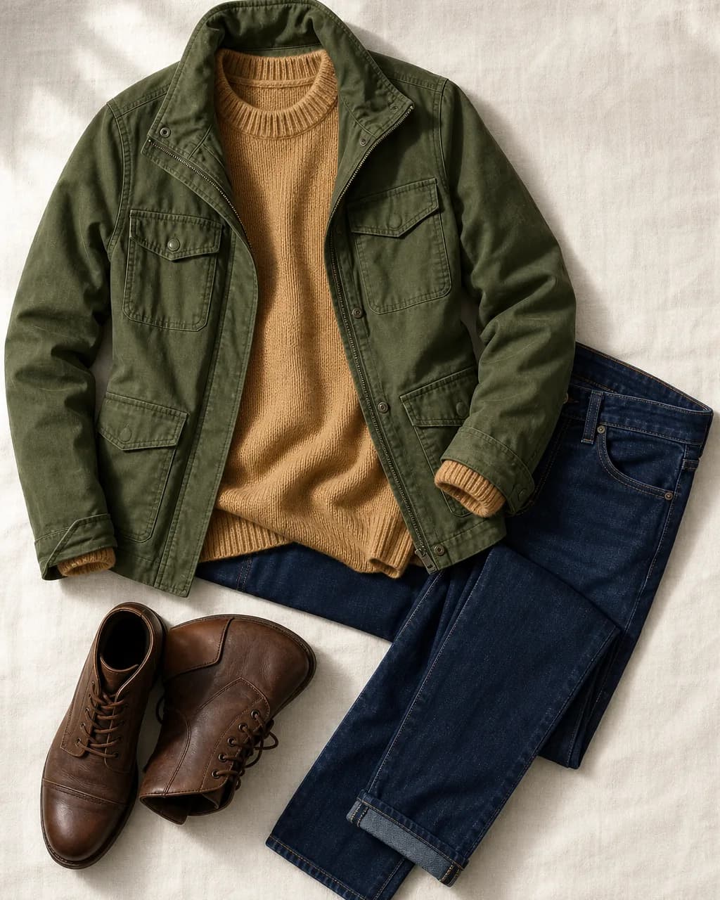 Deep Autumn everyday outfit: utility jacket in Dark Olive #486030, knit sweater in Camel #D0A068, jeans (dark wash) in Navy #204068, boots in Chocolate #684830