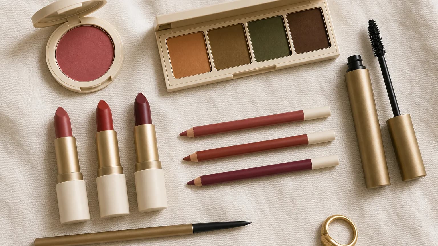 Deep Autumn makeup: lips in Terracotta #A86858, Rust #A04838, Wine #682040; eyes in Caramel #C08850, Bronze #A07840, Dark Olive #486030