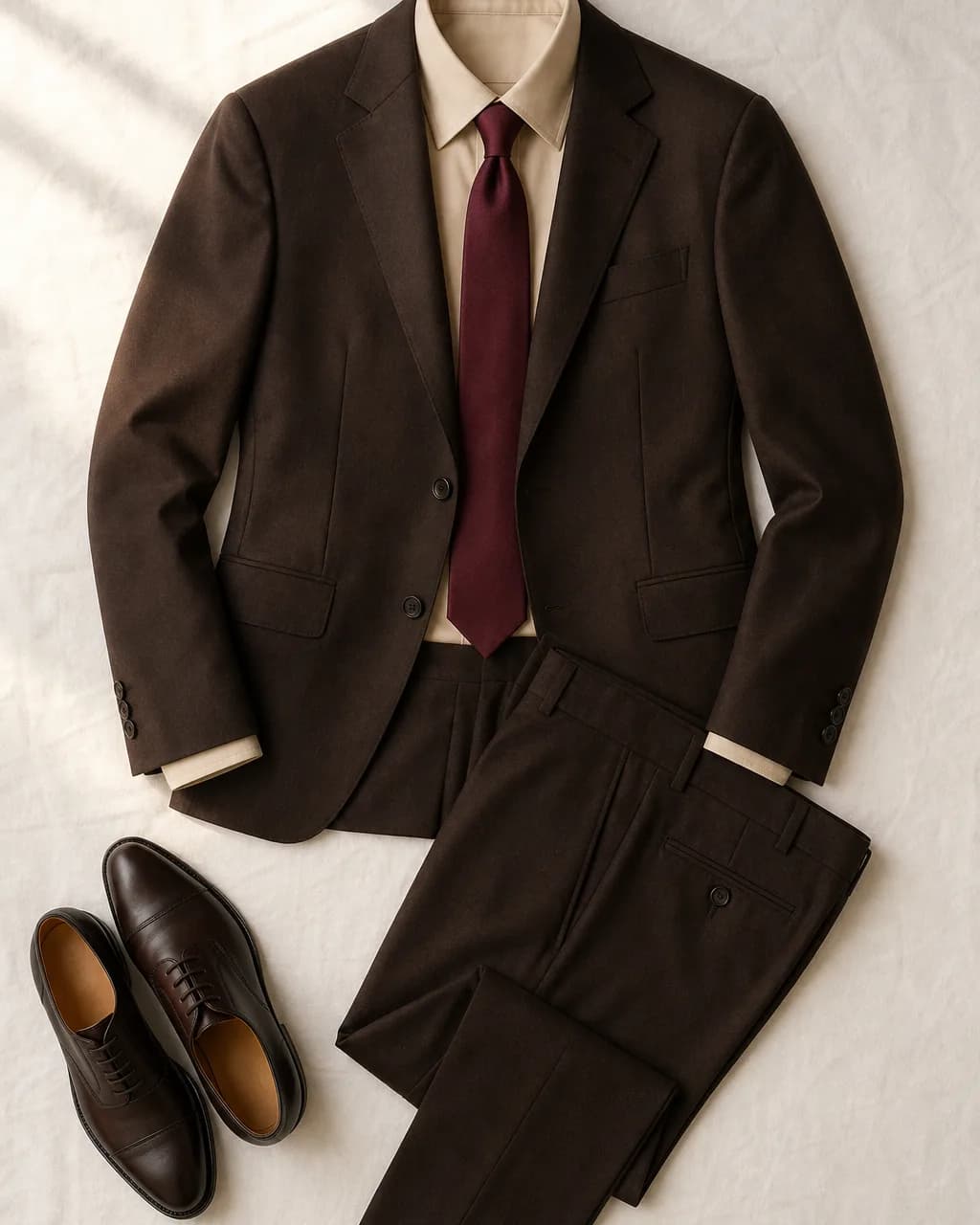 Deep Autumn men's outfit: suit in Espresso #483020, shirt in Cream #D8C8B0, tie in Wine #682040, shoes in Dark Brown #302018