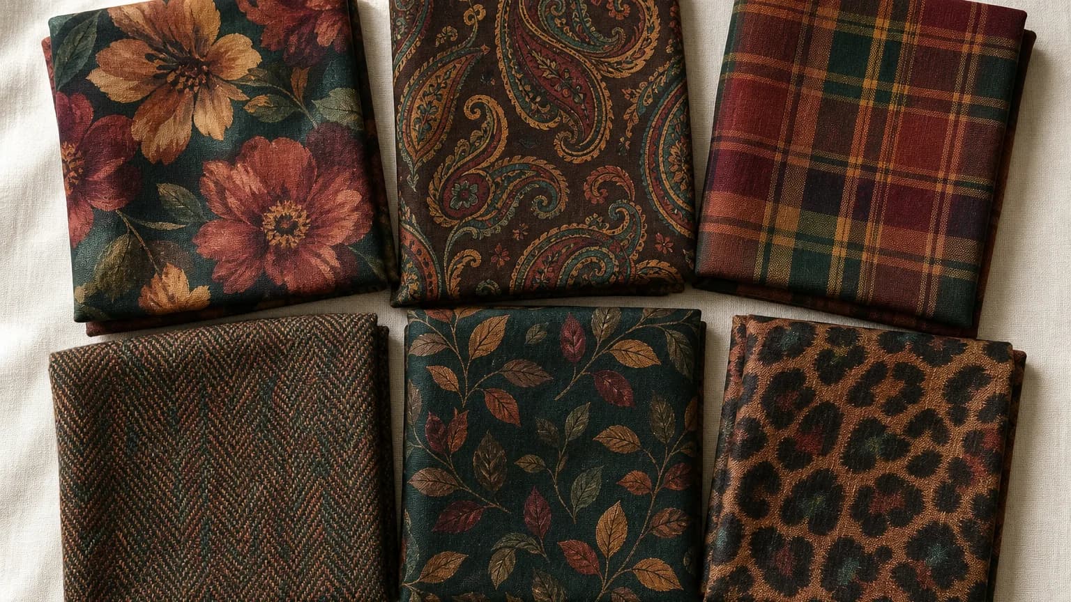 Deep Autumn prints: watercolor floral, tonal paisley, plaid, tweed and leaf print in Rust #A04838, Dark Olive #486030, Espresso #483020, Dark Teal #407870