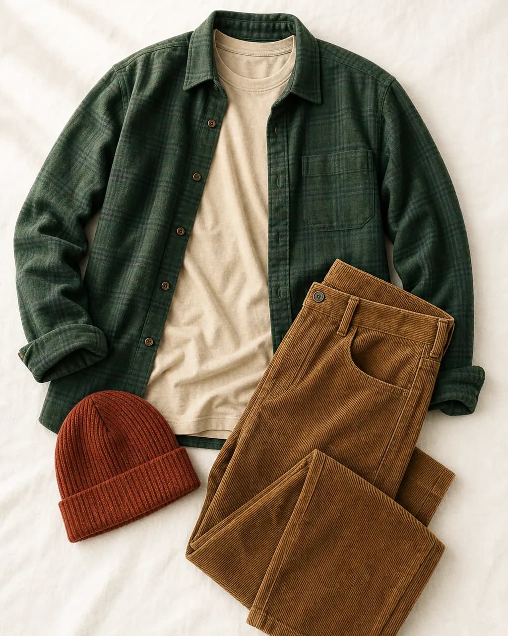 Deep Autumn weekend outfit: flannel shirt in Hunter Green #387850, t-shirt in Cream #D8C8B0, corduroy trousers in Toffee #987048, beanie in Rust #A04838