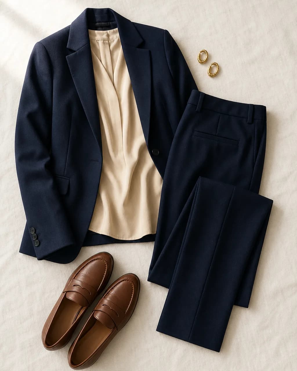 Deep Autumn work outfit: blazer in Deep Navy #103050, blouse in Cream #D8C8B0, trousers in Deep Navy #103050, loafers in Rust Brown #805838